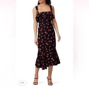 NWT LIKELY Madeline Black Midi Dress with Red Floral Print